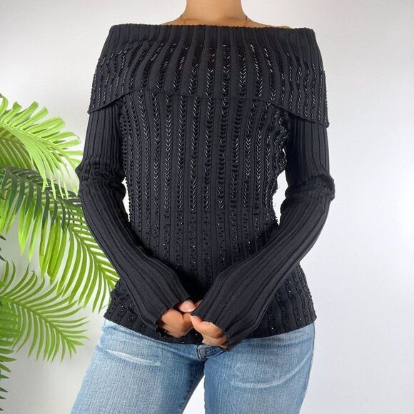 Women's Vintage 90s Black Beaded Classy Off The Shoulder Knit Sweater Top / M - Picture 4 of 8